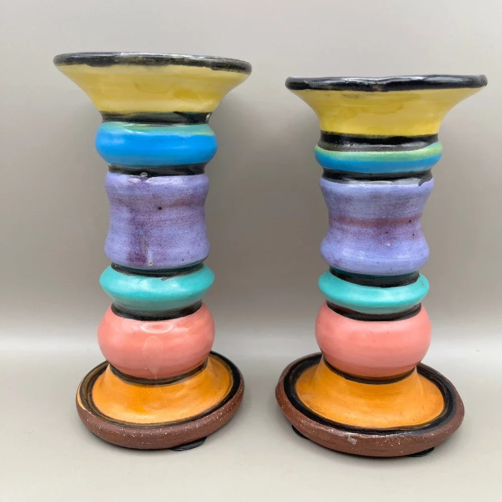 2 Vtg Pottery Postmodern Colorful Stacked‎ Ceramic Candlestick Holders 5.25